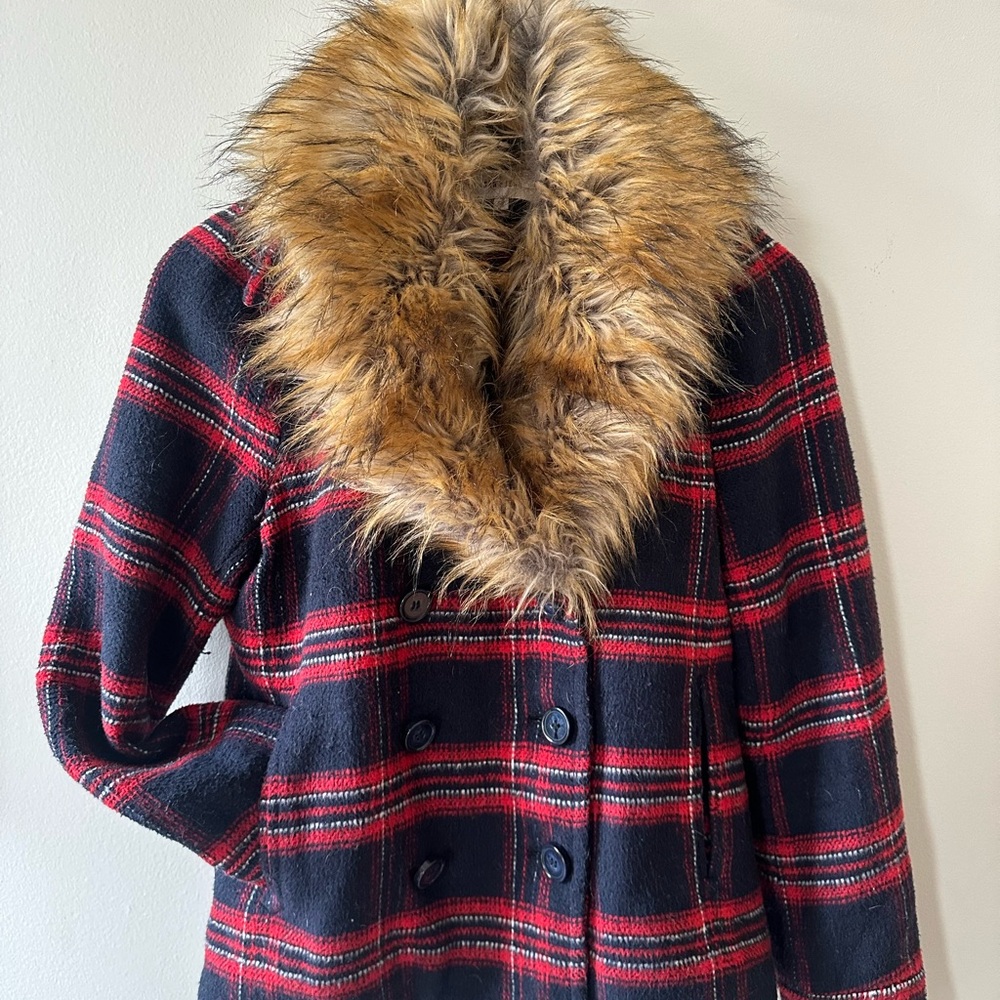Plaid Coat with Faux Fur Collar